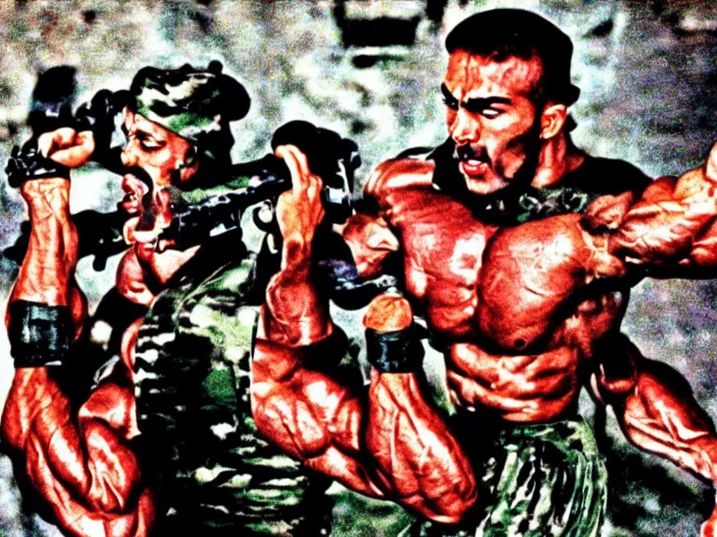 Image similar to vintage 90s VHS video still of a muscular soldier promoting ashura, retro TV, noise, hue