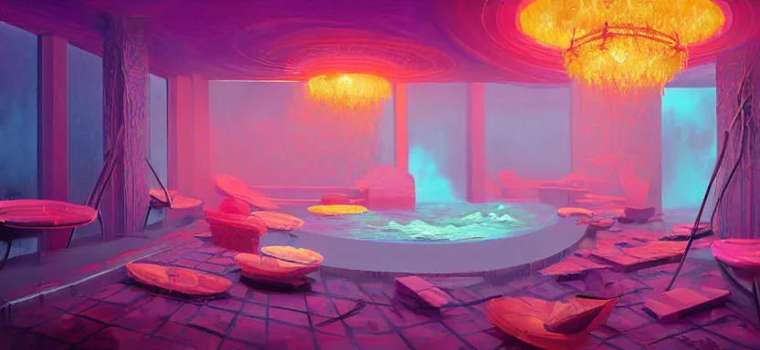 Image similar to beautiful masterpiece painting of a luxurious day spa in a future radioactive glowing swamp, cryogenic day spa treatment, grunge cyberpunk, by Remedios Varo and Anato Finnstark and Greg Rutkowski, dayglo pink, dayglo blue, by Craig Mullins, ilya kuvshinov, krenz cushart, artgerm, 8k, trending on ArtStation