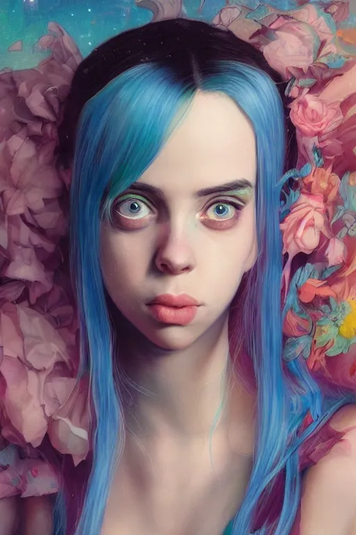 Prompt: billie eilish portrait of a vaporwave girl in a cluttered 9 0 s bedroom, by artgerm, tom bagshaw, gerald brom, vaporwave!, vaporwave colors!, symetrical, 4 k, lo fi colors, lo fi, 4 k, hd,