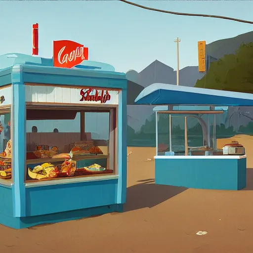 Prompt: fast food counter by the beach by simon stalenhag