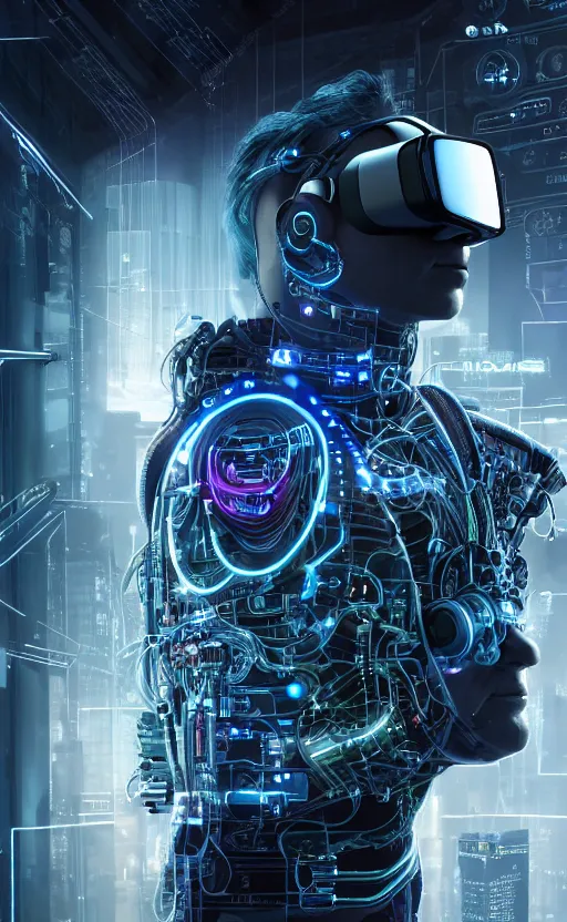 Image similar to a beautiful photo of a middle - aged bionic male cyborg, cyberpunk, circuit boards, electronic components, integrated vr headset, augmented vision, volumetric light, photography, dynamic lighting, color, intricate, extremely detailed, photorealistic, stunning, unreal engine 5