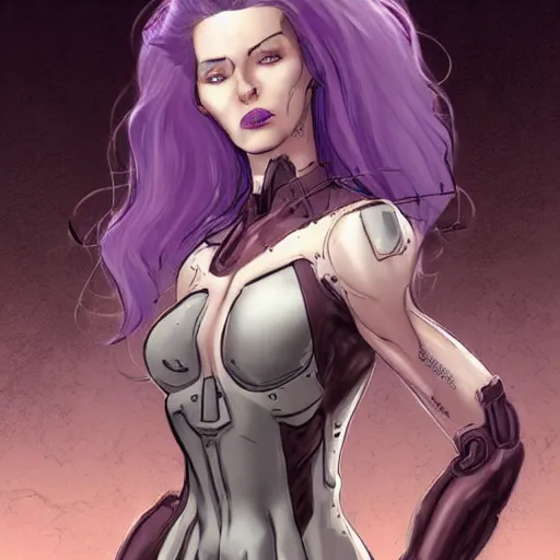 Prompt: pale woman with flowing purple hair in rusted sci - fi power armor, high detail, stoic, elegant, by stjepan sejic, sunstone