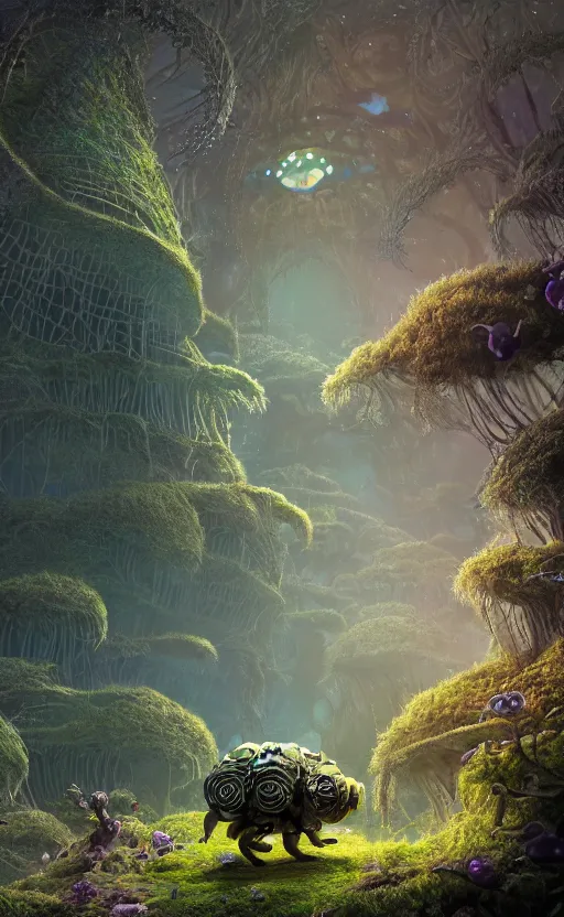 Image similar to microscopic tardigrade, microbiology, magical forest, ruins, civilization, vegetation, mayan, futuristic, sharp focus, electric, backlight, furry, soft, concept art, intricate details, highly detailed, photorealistic, disney pixar, james gilleard, moebius, print, iridescent, global illumination, anime, game art