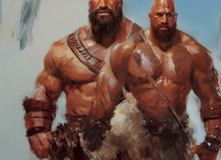 Image similar to a highly detailed beautiful portrait of dwayne johnson as kratos, by gregory manchess, james gurney, james jean