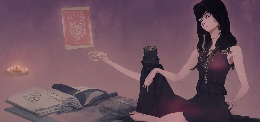Image similar to Full body portrait of a Himalayan woman in a sleeveless dress, a book floating as she casts a ritual spell, dark colors, ominous, somber, detailed, by Studio trigger, by Makoto Shinkai and Ilya Kuvshinov
