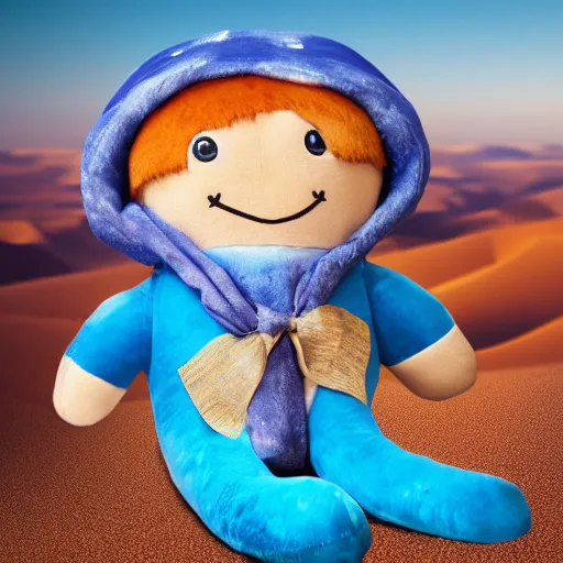 Prompt: blue'snappy gifts'human - sized plush doll, in the desert, holding gift, happy atmosphere, high detail, 8 k