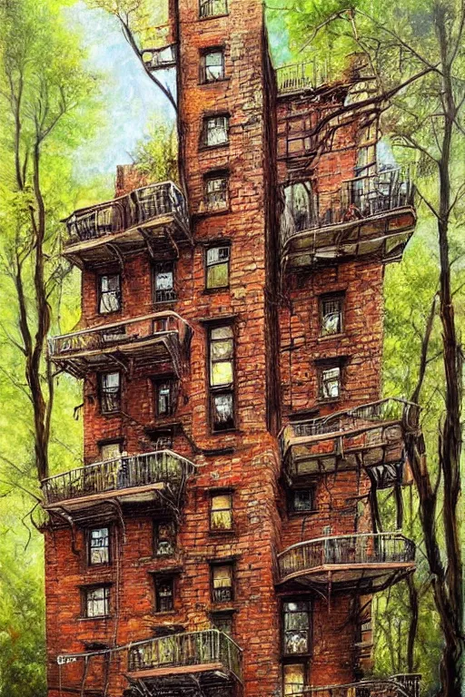 Image similar to (((((a ramshackle manhattan brick brownstone deep in the forest))))) by Dmitry Dubinsky!!!!!!!!!!!!!!!!!!!!!!!!!!!