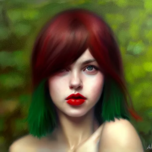 Prompt: a realistic illustration portrait of a beautiful cute girl with wavy short black and red hair, a pointy nose and, round chin black eyeliner and green pupills, in a garden, trending on artstation, hyper - realistic lighting, intricate by casey baugh