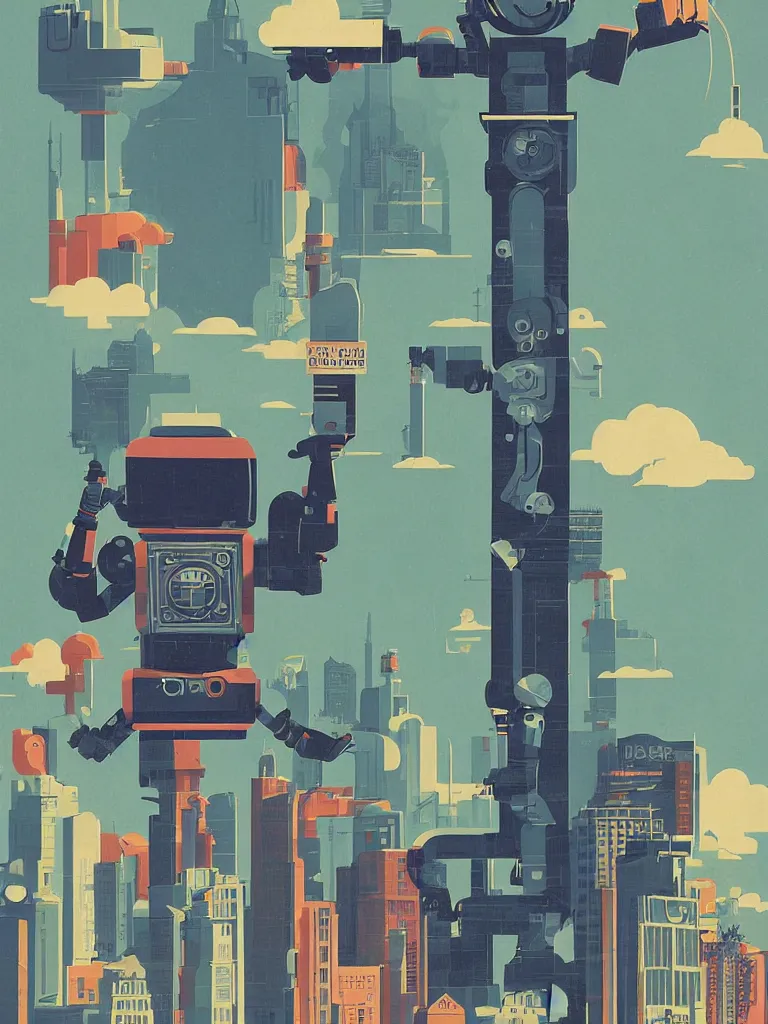Image similar to tom whalen poster illustration of a large retro science fiction robot towering above a suburban neighbourhood, vintage muted colors, some grungy markings