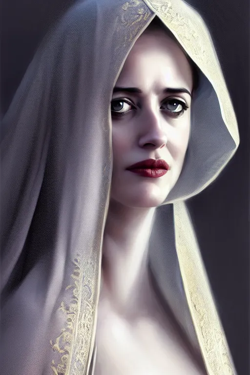 Prompt: eva green as sibylla, veil, hood, ornate, from kingdom of heaven, art by artgerm, highly detailed, digital painting, trending on artstation, concept art, sharp focus, illustration, masterpiece