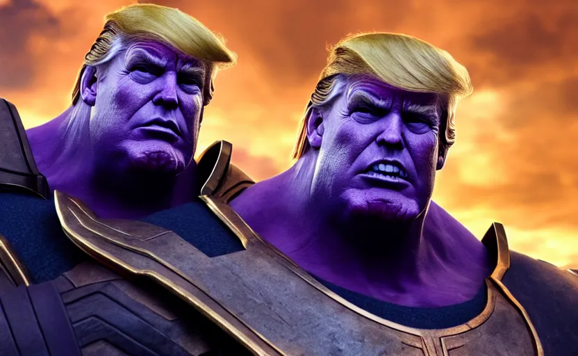 Prompt: donald trump wearing thanos armour, hd, 4 k photo