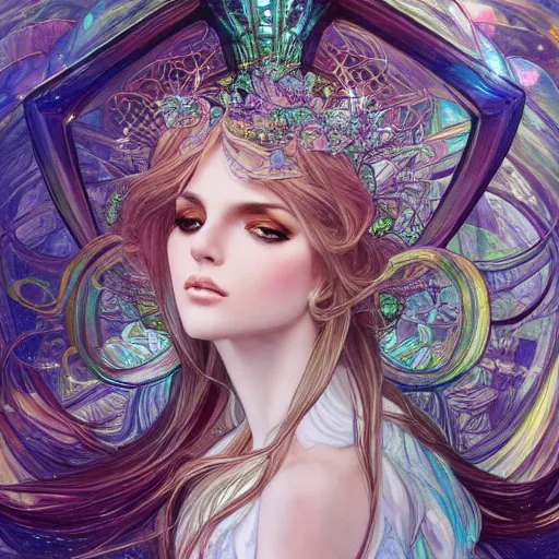 Image similar to a photograpic portrait of a anthropomorphic crystal wearing white clothes, iridescent colors, fantasy, intricate, elegant, highly detailed, digital painting, artstation, concept art, smooth, sharp focus, illustration, art by artgerm and H R Giger and alphonse mucha