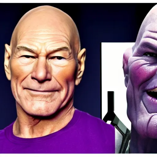 Prompt: Thanos with Patrick Stewart's face smiling.Cinematic, Ultra Realistic, 4k, close up,