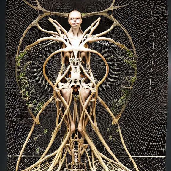 Image similar to symmetric frame from Prometheus, biomechanical gaia, by Neri Oxman and alexander mcqueen metal couture editorial, in mycelium hanging garden by giger by utagawa kuniyoshi