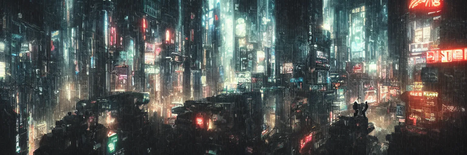 Image similar to shot of the man standing on the roof during rain, looks at impressive cyberpunk city at night during great storm, nightscape, futuristic architecture, realistic photo, neons, blade runner, akira style, cinematic lighting, cinematic angles