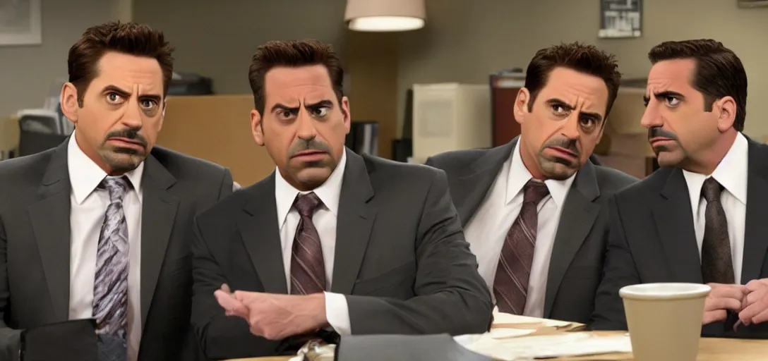 Prompt: a very high resolution image of tony stark and micheal scott. from an episode of the office. photorealistic, photography
