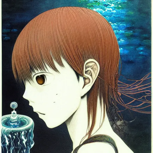 Image similar to prompt: Fragile looking vessel portrait face drawn by Katsuhiro Otomo, nymph in the water performing alchemy, intricate oil painting, soft dark light, intricate detail, intricate oil painting detail, sharp high detail, manga and anime 2000