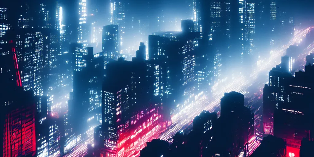 Prompt: megacity streets seen from above, neon signs, giant screens, eerie fog, blade runner, ex machina