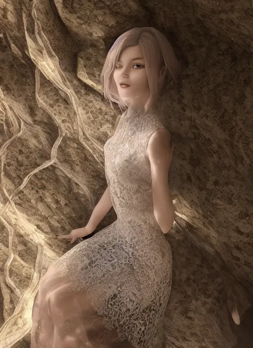 Prompt: beautiful woman in a lace dress in a cave, detailed dress and face, digital art, manga style, by artgerm, by wlop, octane render, beautiful lighting