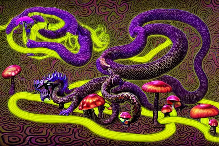 Image similar to a detailed digital art painting of a cyberpunk magick oni dragon with occult futuristic effigy of a beautiful field of mushrooms that is a adorable leopard atomic latent snakes in between ferret biomorphic molecular hallucinations in the style of escher, alex grey, stephen gammell inspired by realism, symbolism, magical realism and dark fantasy, crisp,