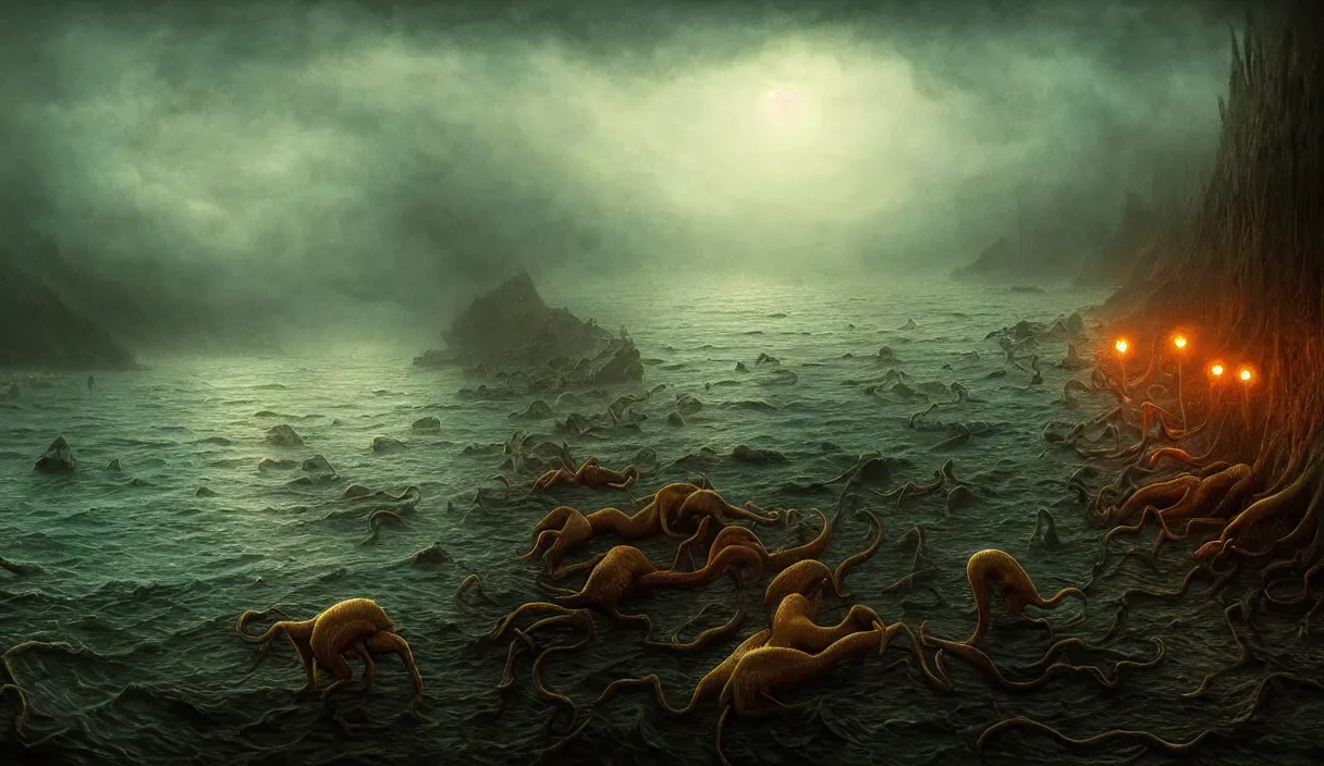 Image similar to epic professional digital art of hungry eyes, ambient golden light, painted, mysterious, cinematic seaside terrifying animals scene, eerie, mythic, detailed, intricate, grand, leesha hannigan, wayne haag, reyna rochin, ignacio fernandez rios, mark ryden, van herpen, artstation, cgsociety, epic, stunning, gorgeous, wow wow detail