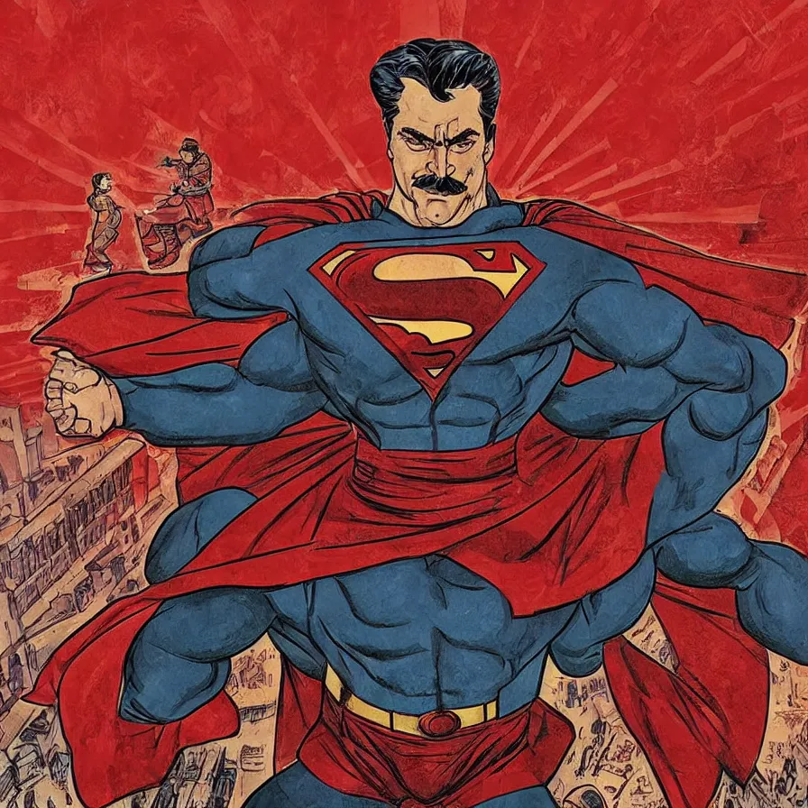 Image similar to epic comic book cover of stalin as superman floating over the red square ( moscow ), red banners, soviet nostalgia, socialist realism, aesthetically pleasing, finely detailed facial features, hyperrealist, intricate digital art, trending artstation, artgem, rich moody colors, fan art, concept art, in the style of the red son, by robert kirkman