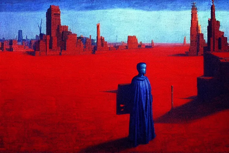 Prompt: only with blue, caesar during war, a red tiger, in hoc signo vinces, nyc in background, an ancient path, in the style of beksinski, part by hopper, part by rodcenko, part by hofbauer, intricate composition, blue by caravaggio, insanely quality, highly detailed, masterpiece, red light, artstation