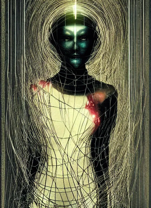 Image similar to portrait of a futuristic geisha cyborg surrounded by wire locked into the matrix, in the style of ghost, by jheronimus bosch and greg rutkowski,