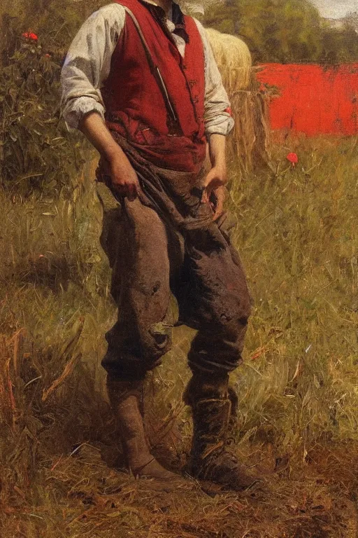 Image similar to Solomon Joseph Solomon and Richard Schmid and Jeremy Lipking victorian genre painting full length portrait painting of a young peasant farmer working in the field, red background