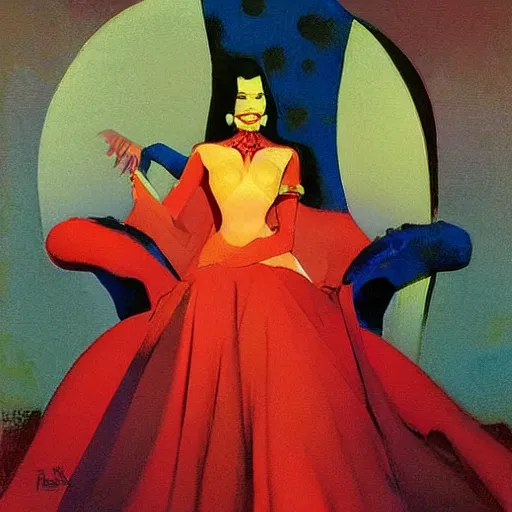 Prompt: an oil painting of a queen in a thierry mugler dress sitting on a throne, by bruce pennington, by ( ( ( eyvind earle ) ) ), nicholas roerich!!, by frank frazetta, by georgia o keeffe, by dean cornwell!!!