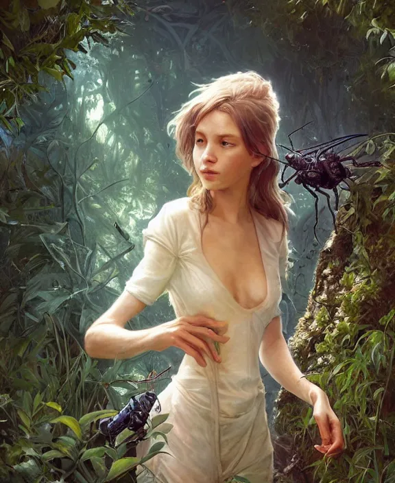 Image similar to portrait of an alien insect creature, adorable, childlike, overgrown environment, ultra realistic, concept art, psychedelic, photorealistic, octane render, 8 k, unreal engine. art by christopher marley and artgerm and greg rutkowski and alphonse mucha