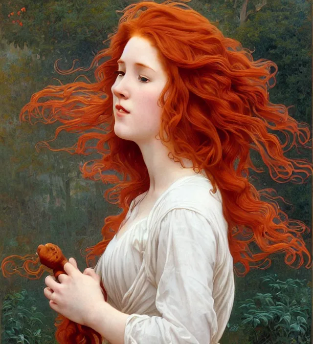 Image similar to intricate art nouveau portrait oil painting of redheaded young molly ringwald with long red hair blowing in the wind, mouth open, wearing a thin white dress, in front of a carved screen, elegant, digital painting, smooth, sharp focus, illustration, ultra realistic, 8 k, by bouguereau, alphonse mucha, artgerm, and donato giancola