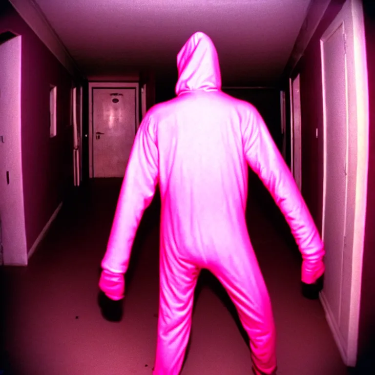 Prompt: a nightmare where a man in a pink morphsuit chases you down a dark hallway, horror, creepy, 3 5 mm, film shot, found footage, scary