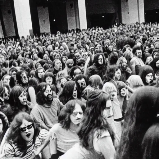 Prompt: people running in fear, crowd running in fear at concert hall, concert hall circa 1 9 6 9, 1 9 6 9 photograph, death metal band blast beat, death metal band playing to hippies, woodstock 1 9 6 9, death metal, crowd running away, scared hippies, 8 mm photo