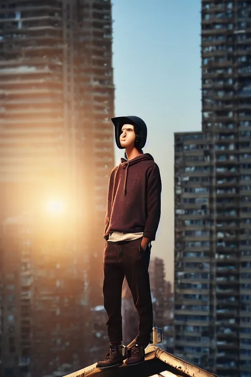 Prompt: un ultra high definition studio quality high fashion photographic portrait of a young man standing on the rooftop of an apartment building wearing all eclectic soft clothes and a reflective face shield. three point light. extremely detailed. golden hour, golden ratio, ray tracing, volumetric light, shallow depth of field. set dressed.