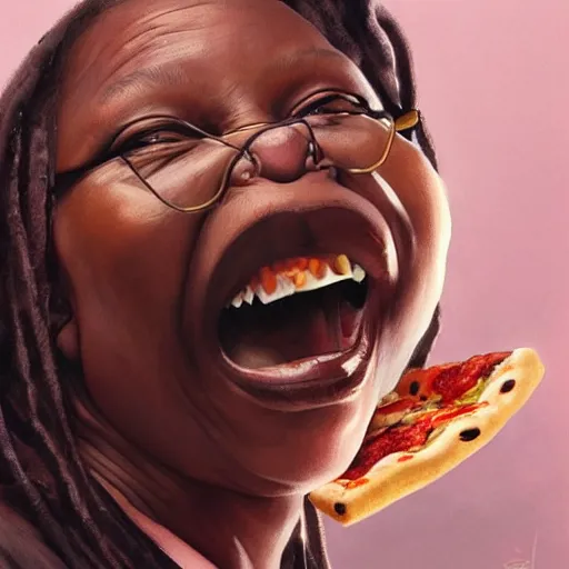 Image similar to portrait of whoopi goldberg opening his mouth to eat pizza, highly detailed, digital painting, artstation, concept art, sharp focus, illustration, art by artgerm and greg rutkowski and alphonse mucha