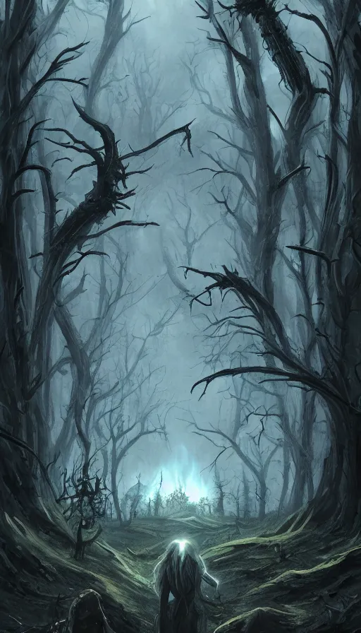 Prompt: a storm vortex made of many demonic eyes and teeth over a forest, by artstation