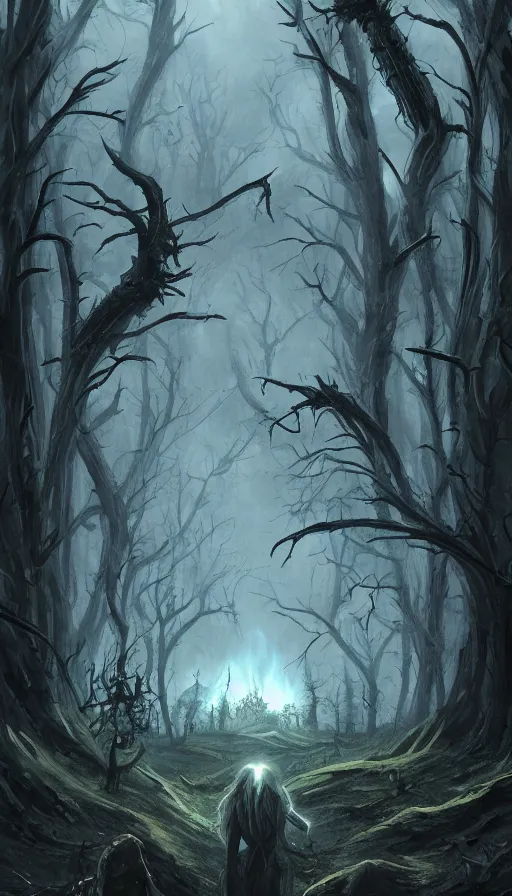 Image similar to a storm vortex made of many demonic eyes and teeth over a forest, by artstation