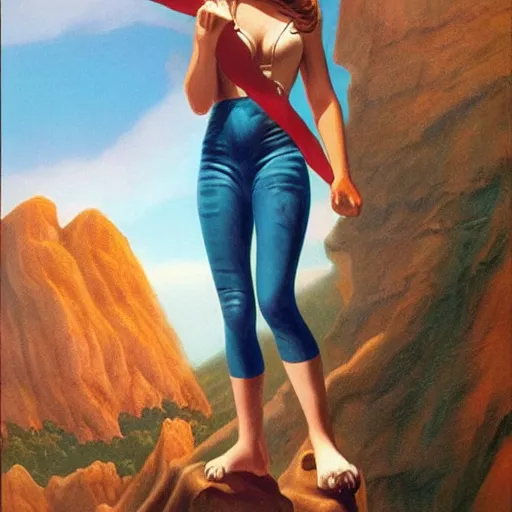 Image similar to teenage emo woman standing on a cliff, heroic, epic, matte painting by Boris Vallejo