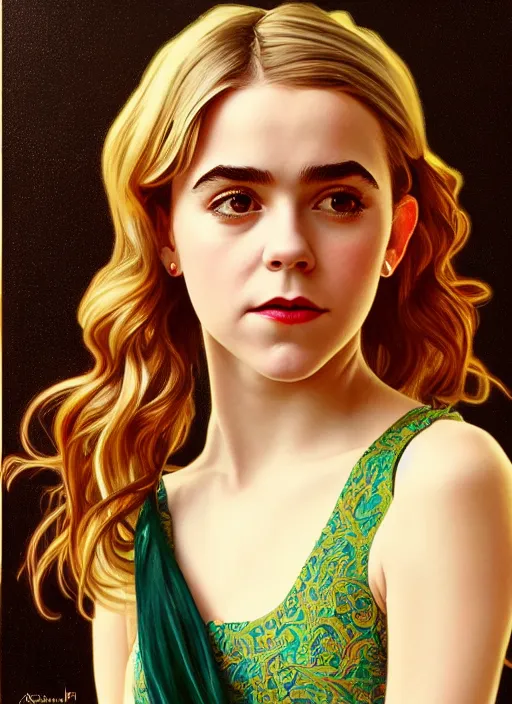 Image similar to oil portrait of kiernan shipka as sabrina spellman, intricate, elegant, highly detailed, lighting, painting, artstation, smooth, illustration, art by greg rutowski and alphonse mucha