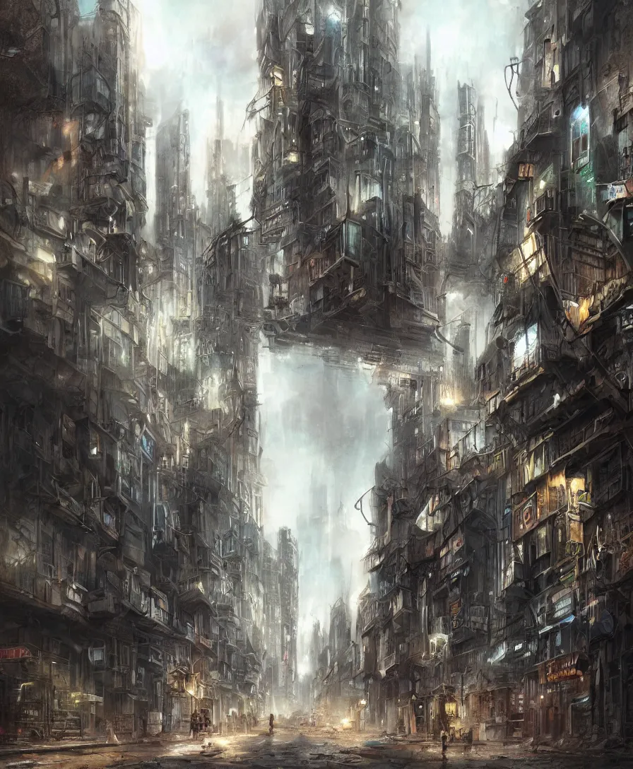 Image similar to concept art matte painting pastels cinematic epic breathtaking urban decay grunge city street