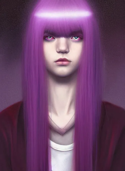 Image similar to hair whitebangs hair, black hair, whitebangs, portrait of teenage girl with white bangs, red irises, purple clothes, white bangs, bangs are different color from hair, intricate, elegant, glowing lights, highly detailed, digital painting, artstation, concept art, smooth, sharp focus, illustration, art by wlop, mars ravelo and greg rutkowski