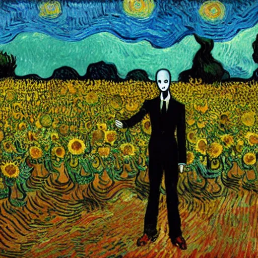 Image similar to slenderman standing in a field with colorful sunflowers by Vincent van Gogh