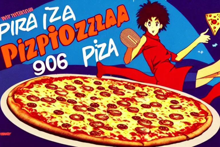 Image similar to pizza, 80s, advertisement, anime, explosion