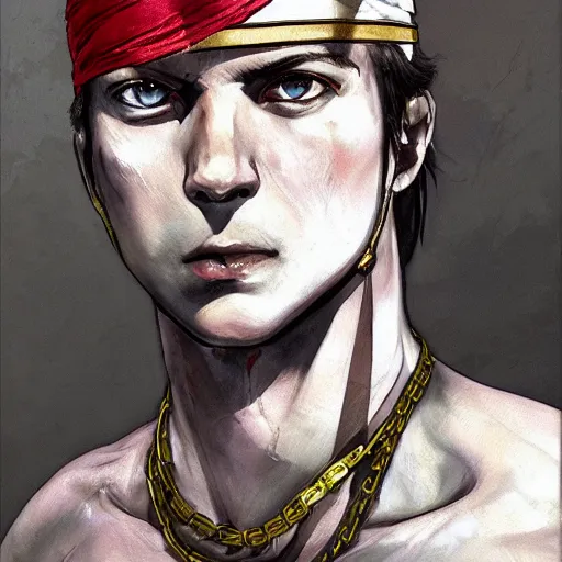 Prompt: portrait of a young white hero using his right arm to hold his sword covering his eye by yoji shinkawa, high quality, extra details, realism, ornate, colored, golden chain, blood, white skin, short hair, brown eyes, vivid, sunlight, dynamic, american man, red headband, white american soldier, painting, cybernetics, military