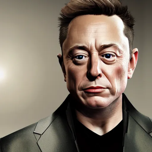 Image similar to photo realistic, uncanny valley, hyper realistic, 8 k, octane render, vray, portrait of a very wrinkly elon musk wearing a flabby jeff bezos skin suit, dead shiny black shark eyes saggy skin, melted face, entire head, bald