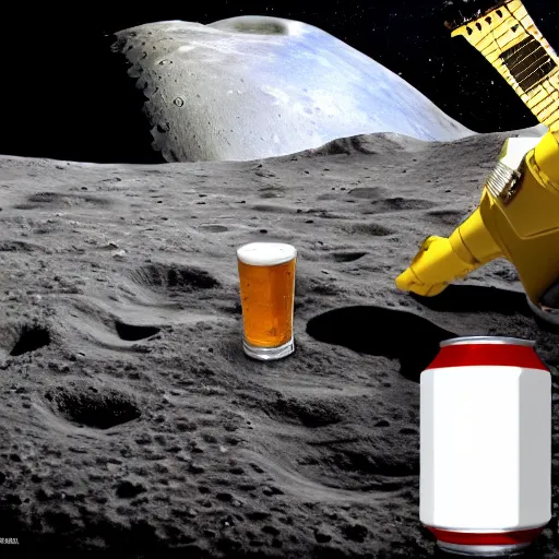 Prompt: photo of a detailed realistic idle regular sized electric guitar and a detailed realistic idle regular sized beer can on the moon surface. realistic. detailed