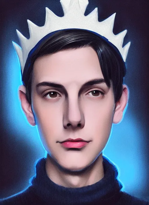 Image similar to portrait of teenage jughead jones wearing a light grey crown, crown, blue turtleneck, 1 9 5 0 s, closed eyes, photorealistic, black hair, glowing lighting, intricate, elegant, glowing lights, highly detailed, digital painting, artstation, concept art, smooth, sharp focus, illustration, art by wlop, mars ravelo and greg rutkowski