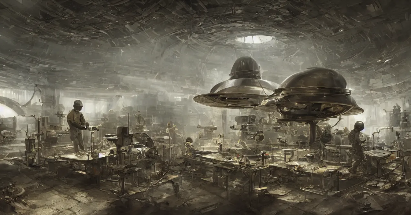 Prompt: engineer repairs ancient flying saucer full of modern military equipment, in the laboratory full of tools and machines, high detail, volume raytracing fog, wet reflective ground, by james paick, by ilm, by digital domain, by weta digital