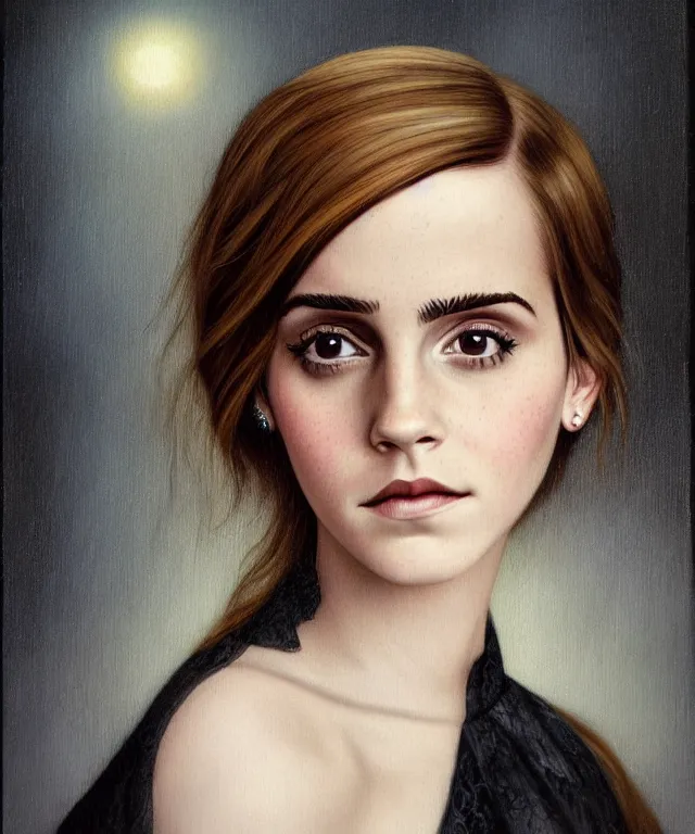 Image similar to portrait of Emma Watson, lowbrow painting by Mark Ryden